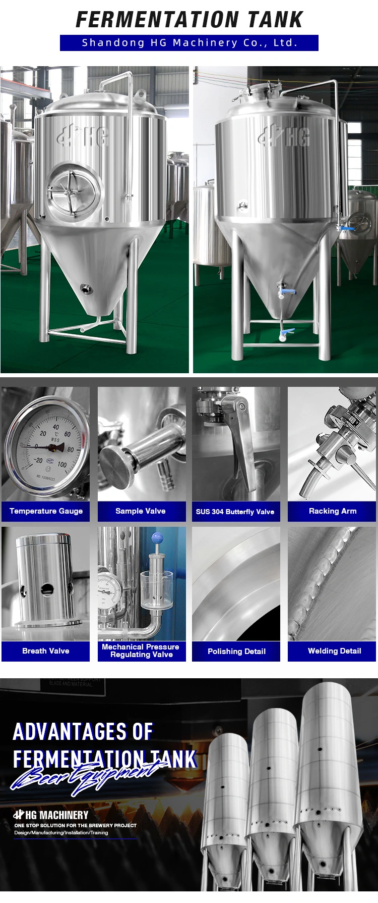 Stainless Steel 500L 1000L 2000L Conical Beer Fermentation Tank Jacketed Beer Fermenter Beer Brewing Fermenting Equipment